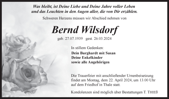 Traueranzeige von Bernd Wilsdorf von Trauerkombi Quedlinburg