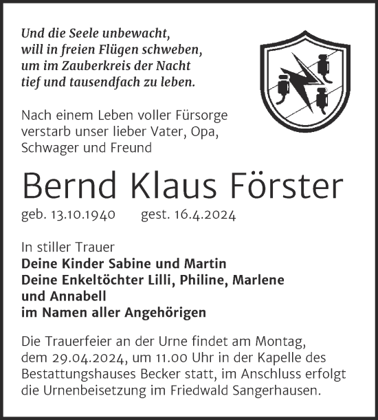 Traueranzeige von Bernd Klaus Förster von Trauerkombi Sangerhausen