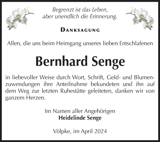Traueranzeige von Bernhard Senge von Volksstimme Oschersleben/Wanzleben