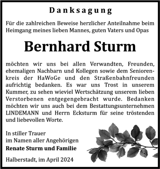 Traueranzeige von Bernhard Sturm von Volksstimme Halberstadt