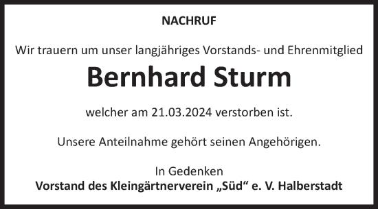 Traueranzeige von Bernhard Sturm von Volksstimme Halberstadt