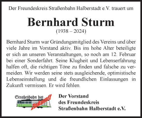 Traueranzeige von Bernhard Sturm von Volksstimme Halberstadt