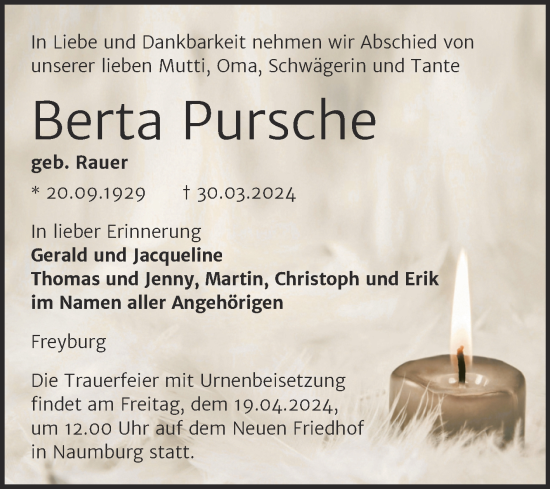 Traueranzeige von Berta Pursche von Super Sonntag Naumburg/Nebra