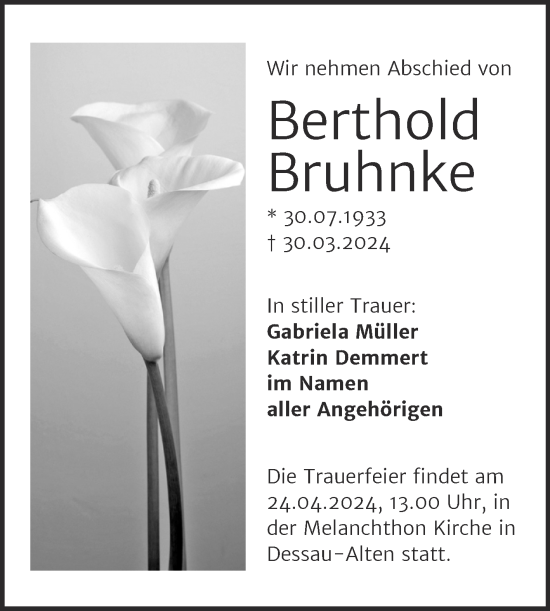 Traueranzeige von Berthold Bruhnke von Trauerkombi Dessau