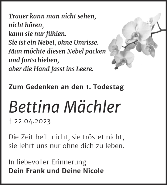 Traueranzeige von Bettina Mächler von Naumburger Tageblatt
