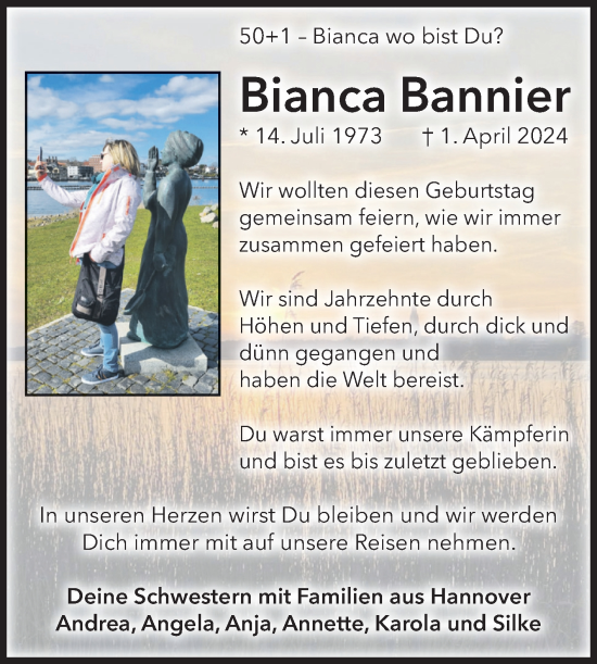 Traueranzeige von Bianca Bannier von Volksstimme Oschersleben/Wanzleben