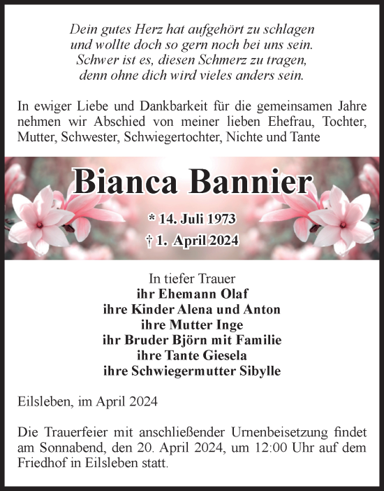 Traueranzeige von Bianca Bannier von Volksstimme Altmark West