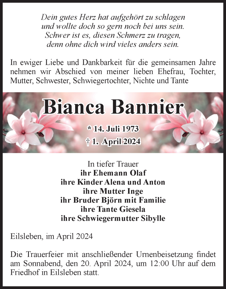  Traueranzeige für Bianca Bannier vom 05.04.2024 aus Volksstimme Altmark West