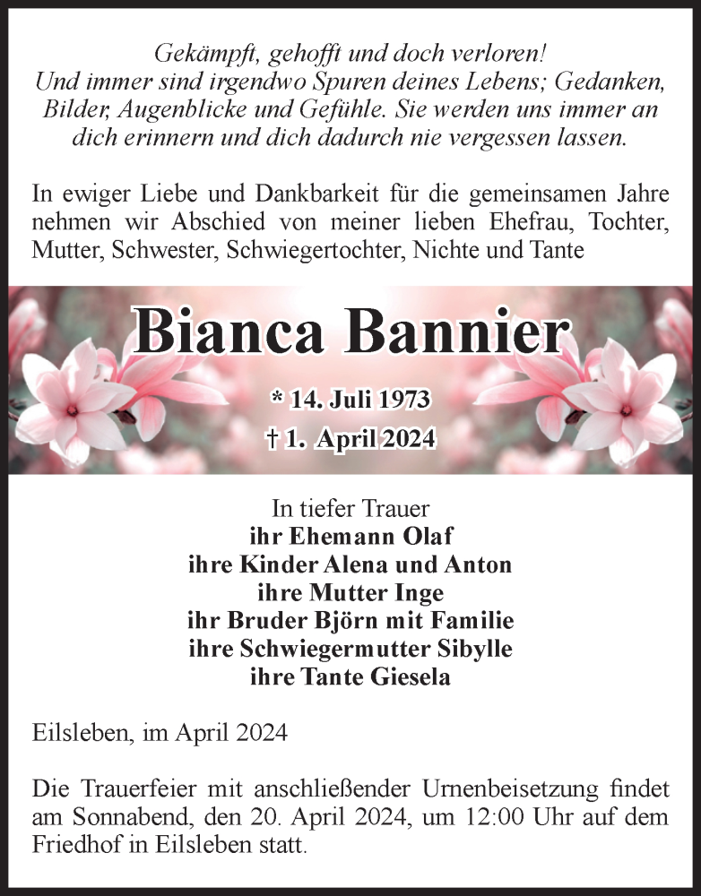  Traueranzeige für Bianca Bannier vom 05.04.2024 aus Volksstimme Oschersleben/Wanzleben