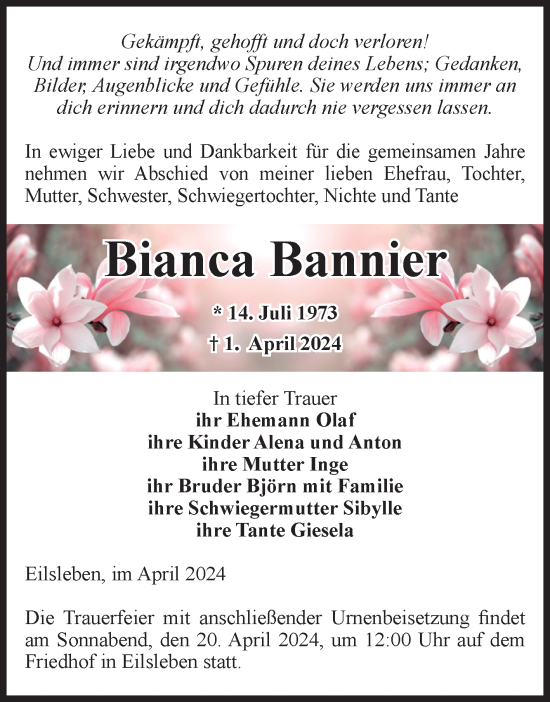 Traueranzeige von Bianca Bannier von Volksstimme Oschersleben/Wanzleben