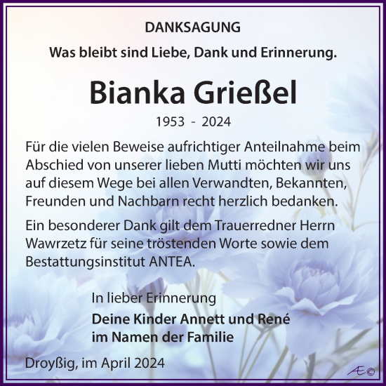 Traueranzeige von Bianka Grießel von Trauerkombi Zeitz