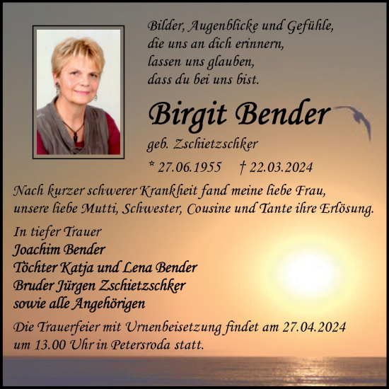 Traueranzeige von Birgit Bender von Trauerkombi Bitterfeld