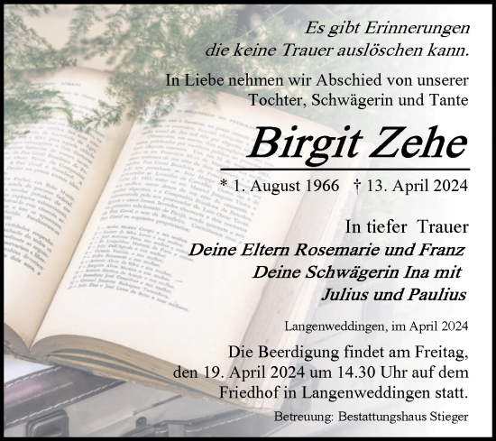 Traueranzeige von Birgit Zehe von Volksstimme Oschersleben/Wanzleben