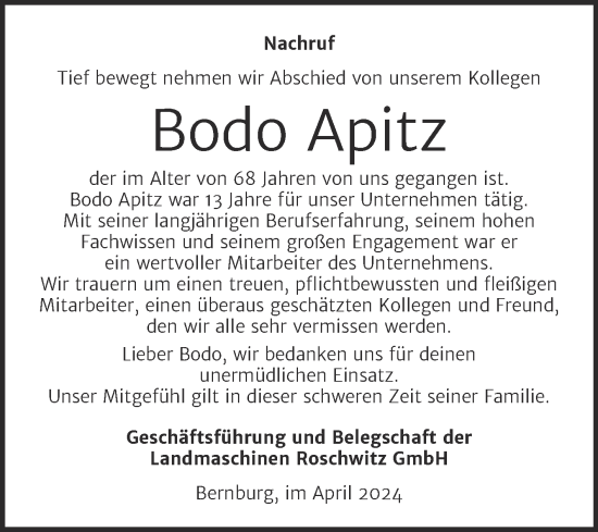 Traueranzeige von Bodo Apitz von Super Sonntag Bernburg