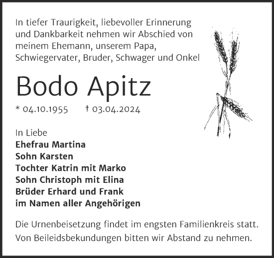 Traueranzeige von Bodo Apitz von Trauerkombi Bernburg