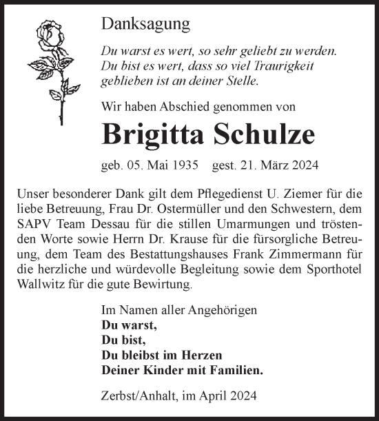 Traueranzeige von Brigitta Schulze von Volksstimme Zerbst