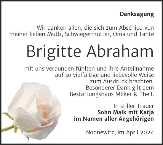 Traueranzeige von Brigitte Abraham von Trauerkombi Zeitz