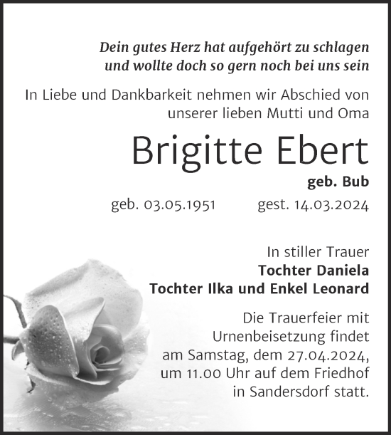 Traueranzeige von Brigitte Ebert von Trauerkombi Bitterfeld