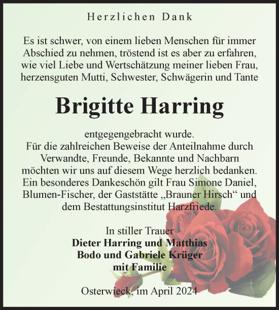 Traueranzeige von Brigitte Harring von Volksstimme Halberstadt