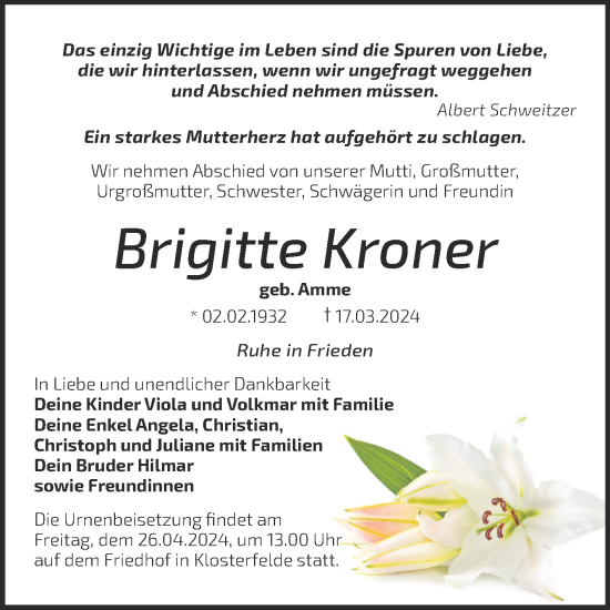 Traueranzeige von Brigitte Kroner von Mitteldeutsche Zeitung Halle/Saalkreis