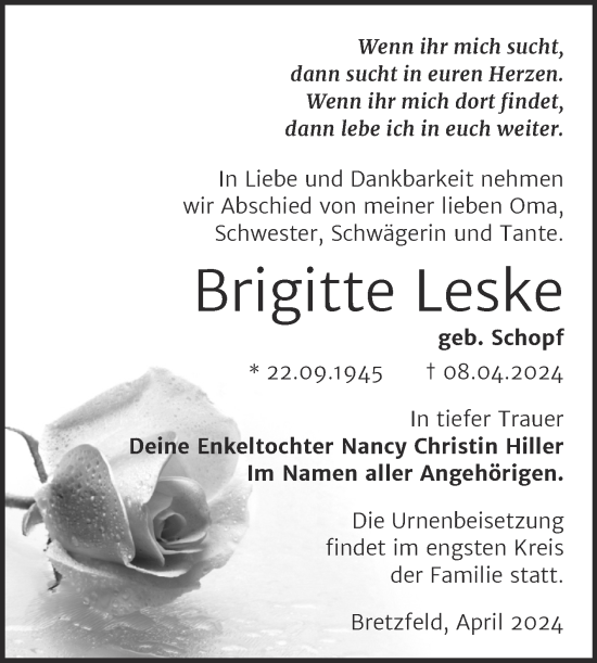 Traueranzeige von Brigitte Leske von Trauerkombi Bitterfeld