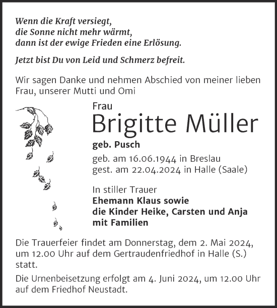 Traueranzeige von Brigitte Müller von Mitteldeutsche Zeitung Halle/Saalkreis