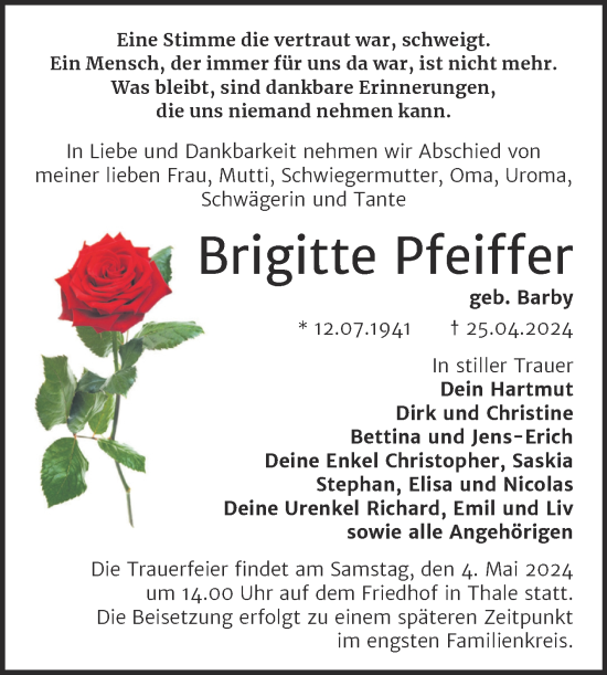 Traueranzeige von Brigitte Pfeiffer von Mitteldeutsche Zeitung Quedlingburg