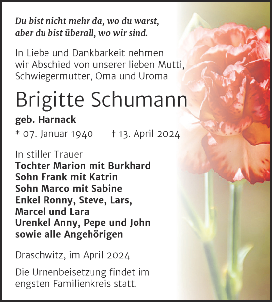 Traueranzeige von Brigitte Schumann von Trauerkombi Zeitz