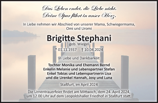 Traueranzeige von Brigitte Stephani von Volksstimme Staßfurt
