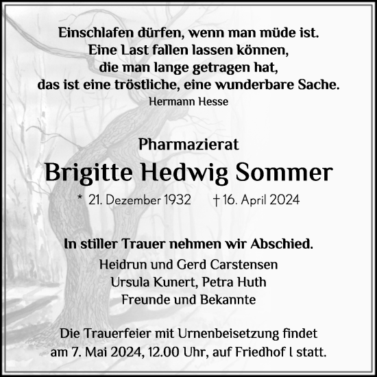 Traueranzeige von Brigitte Hedwig Sommer von Trauerkombi Dessau