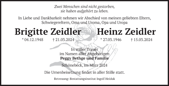 Traueranzeige von Brigitte und Heinz Zeidler von Volksstimme Schönebeck