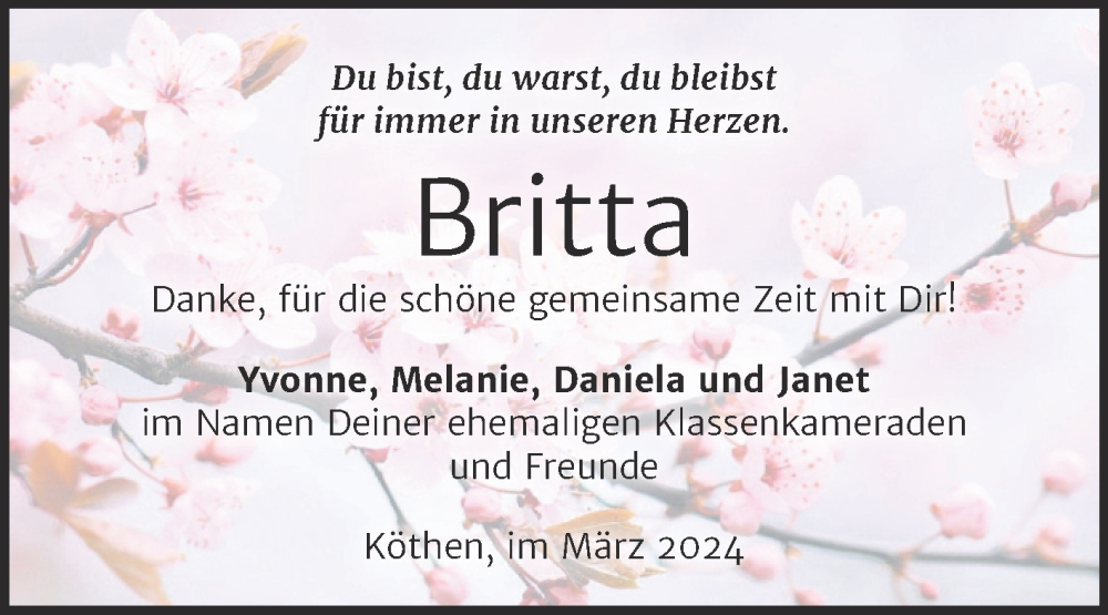  Traueranzeige für Britta  vom 27.04.2024 aus Trauerkombi Köthen