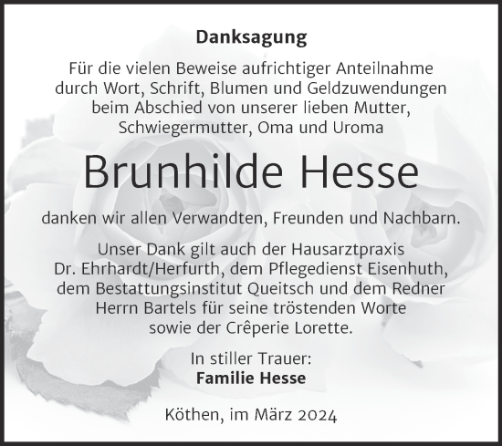 Traueranzeige von Brunhilde Hesse von Trauerkombi Köthen
