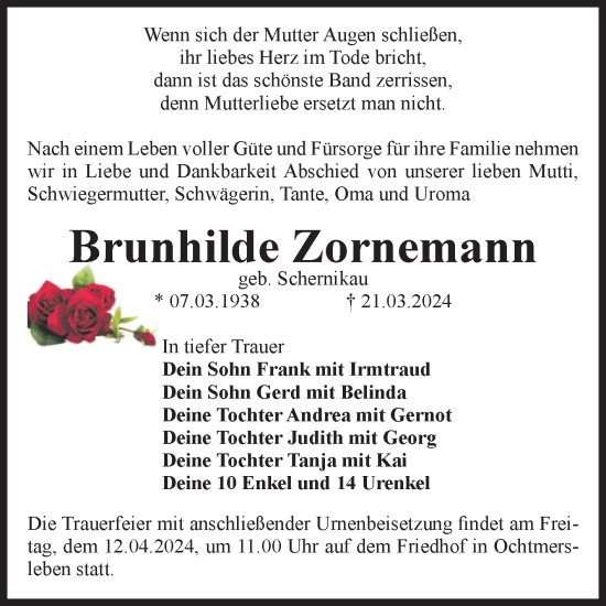 Traueranzeige von Brunhilde Zornemann von Volksstimme Haldensleben/Wolmirstedt