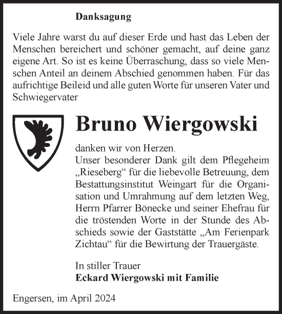 Traueranzeige von Bruno Wiergowski von Volksstimme Altmark West
