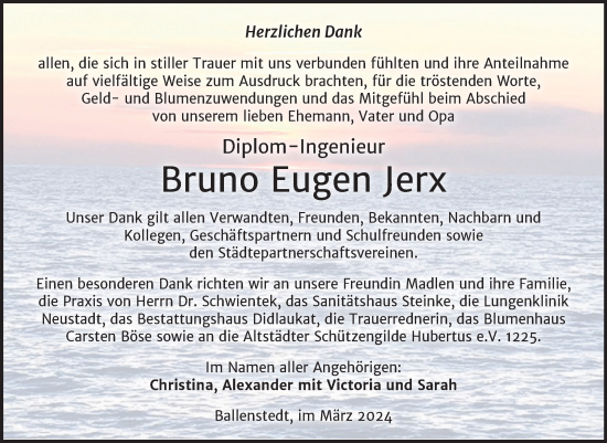 Traueranzeige von Bruno Eugen Jerx von Trauerkombi Quedlinburg