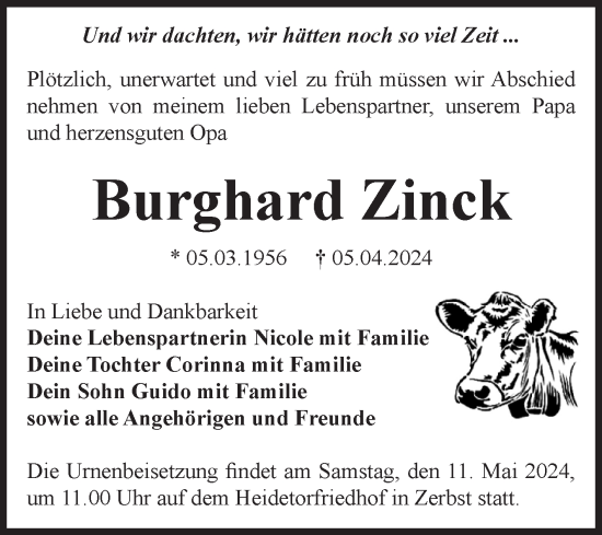 Traueranzeige von Burghard Zinck von Volksstimme Zerbst