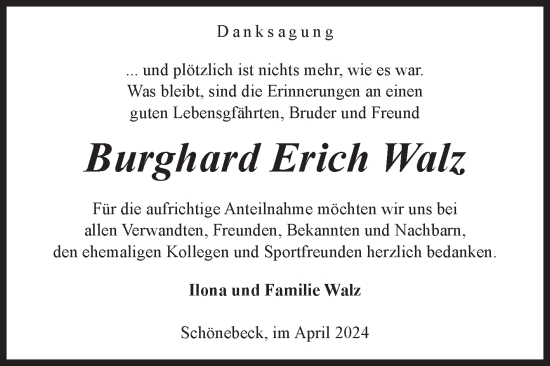 Traueranzeige von Burghard Erich Walz von Volksstimme Schönebeck