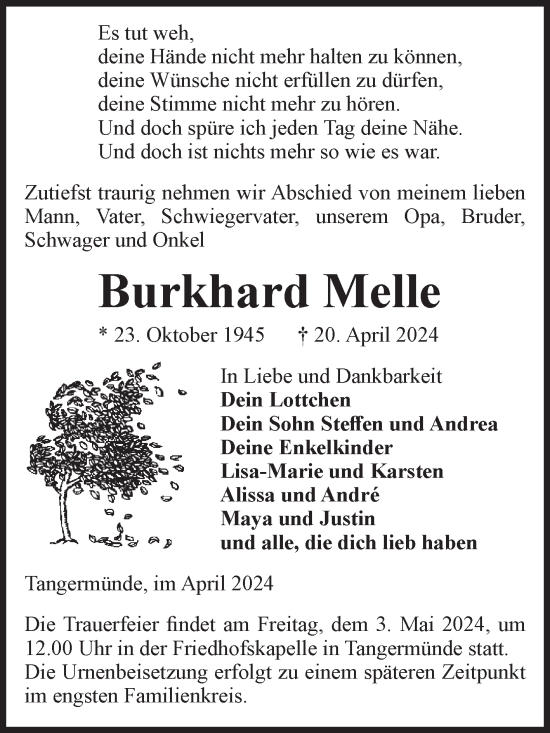 Traueranzeige von Burkhard Melle von Volksstimme Altmark Ost