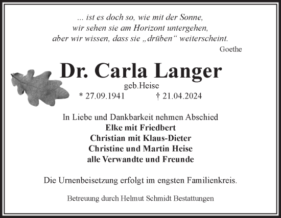 Traueranzeige von Carla Langer von Volksstimme Magdeburg