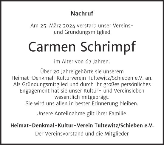 Traueranzeige von Carmen Schrimpf von Naumburger Tageblatt