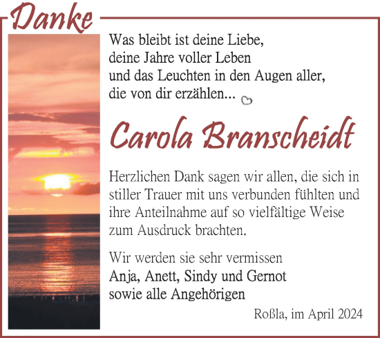 Traueranzeige von Carola Branscheidt von Trauerkombi Sangerhausen