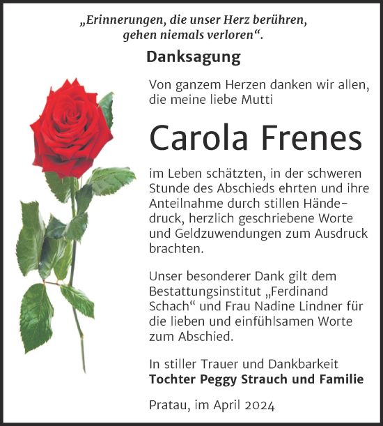 Traueranzeige von Carola Frenes von Trauerkombi Wittenberg