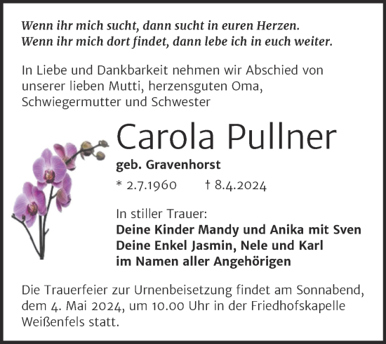 Traueranzeige von Carola Pullner von Trauerkombi Aschersleben