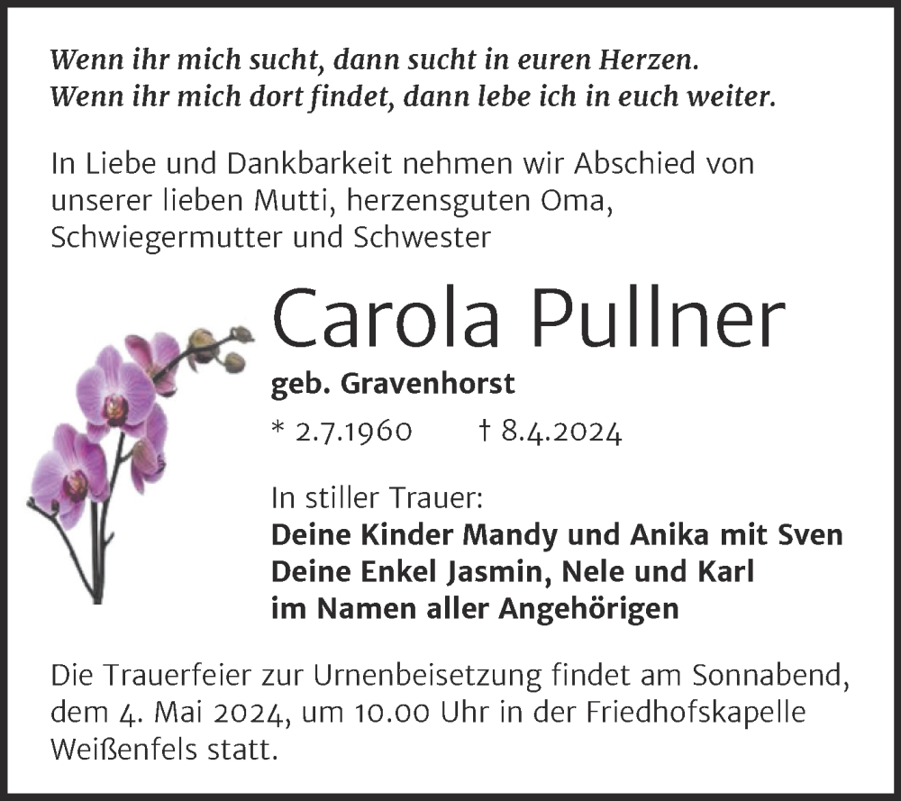  Traueranzeige für Carola Pullner vom 20.04.2024 aus Trauerkombi Aschersleben