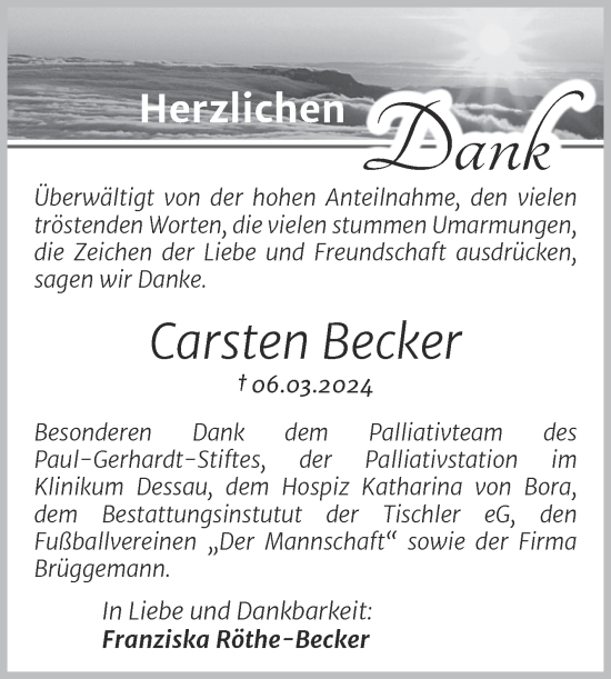 Traueranzeige von Carsten Becker von Trauerkombi Wittenberg