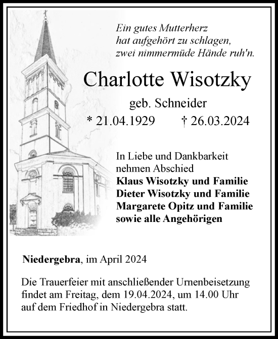 Traueranzeige von Charlotte Wisotzky von Mitteldeutsche Zeitung Sangerhausen