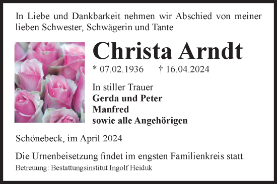 Traueranzeige von Christa Arndt von Volksstimme Schönebeck