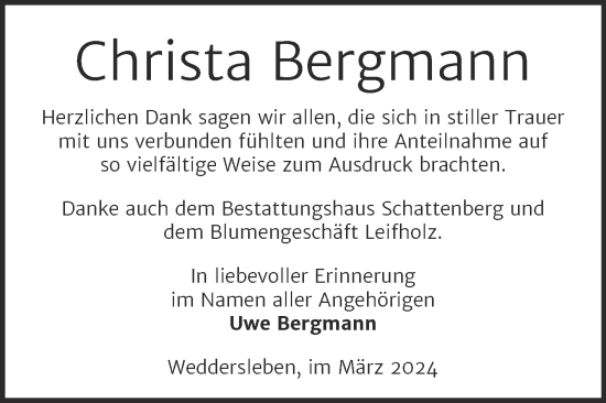 Traueranzeige von Christa Bergmann von Trauerkombi Quedlinburg
