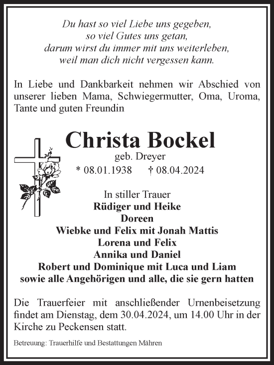 Traueranzeige von Christa Bockel von Volksstimme Altmark West